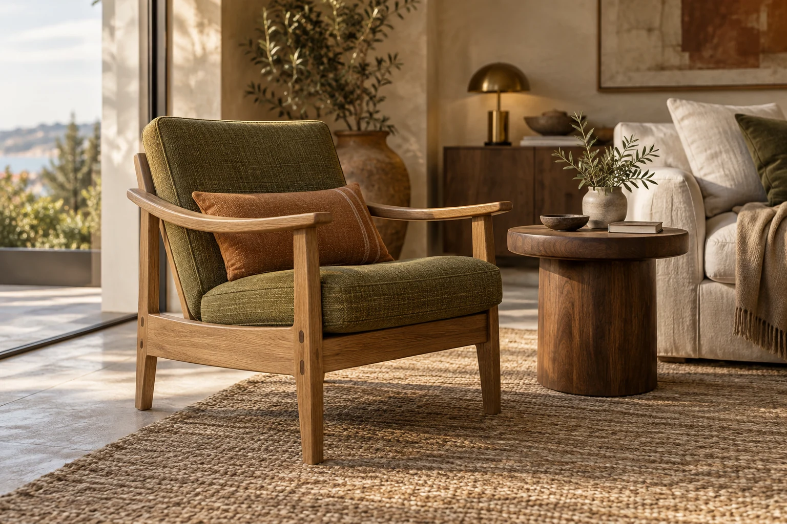 An oak lounge chair and a walnut side table.