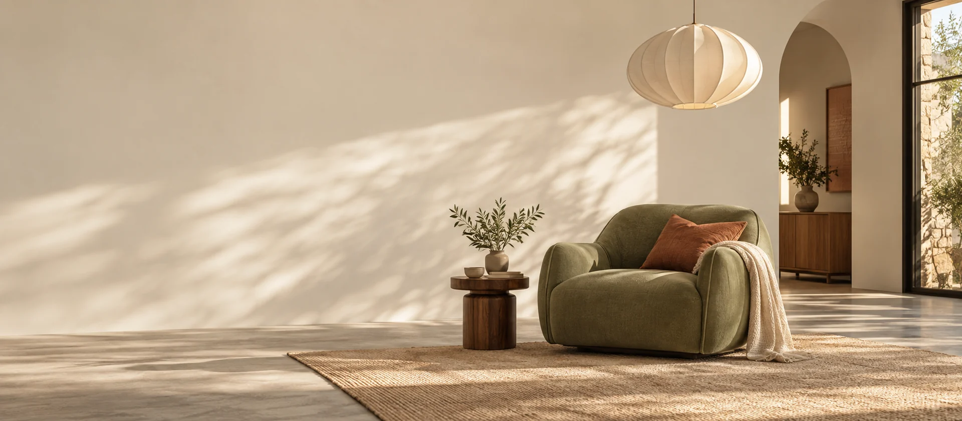 A pendant lamp above an olive armchair and wooden side table.