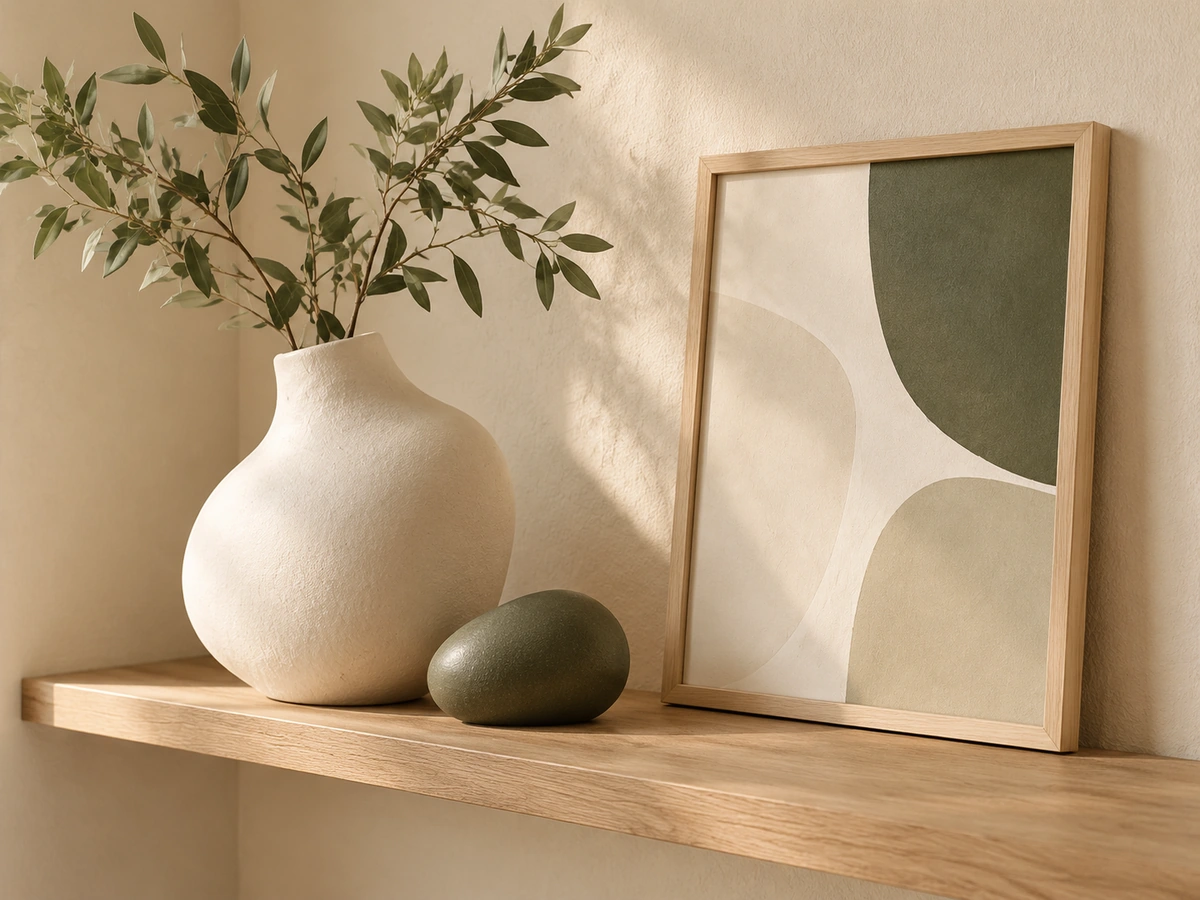 A sculptural cream vase, leafy branches and framed abstract artwork on a sunlit wooden shelf.