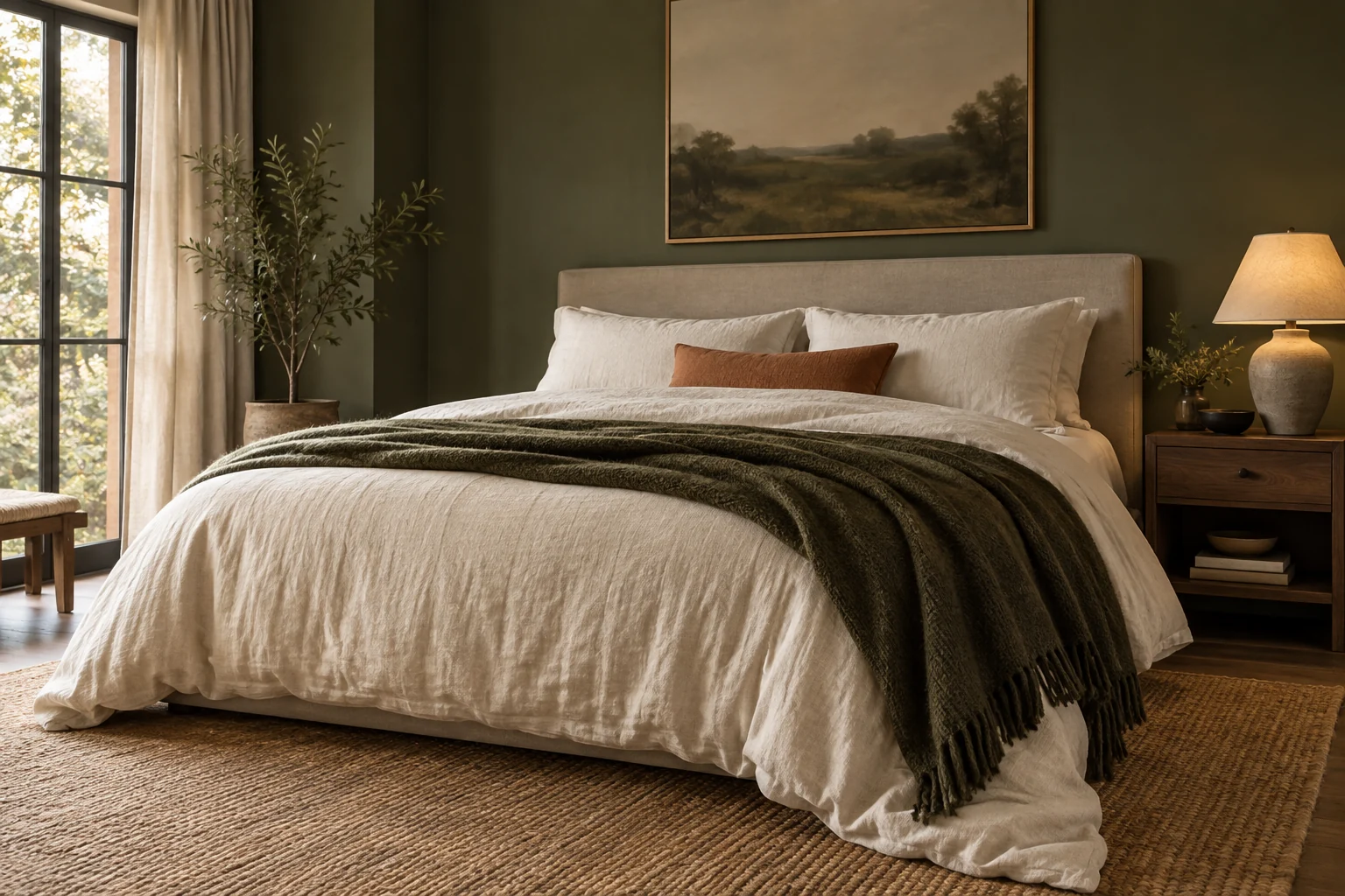 Cream bedding with an olive blanket in a quiet bedroom.