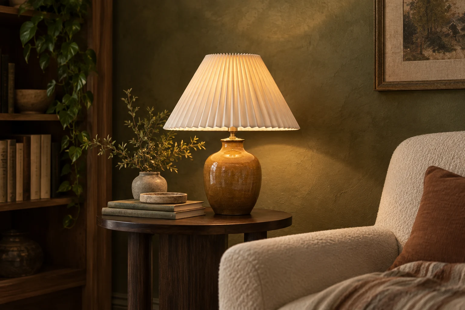 A warm table lamp on a walnut side table.