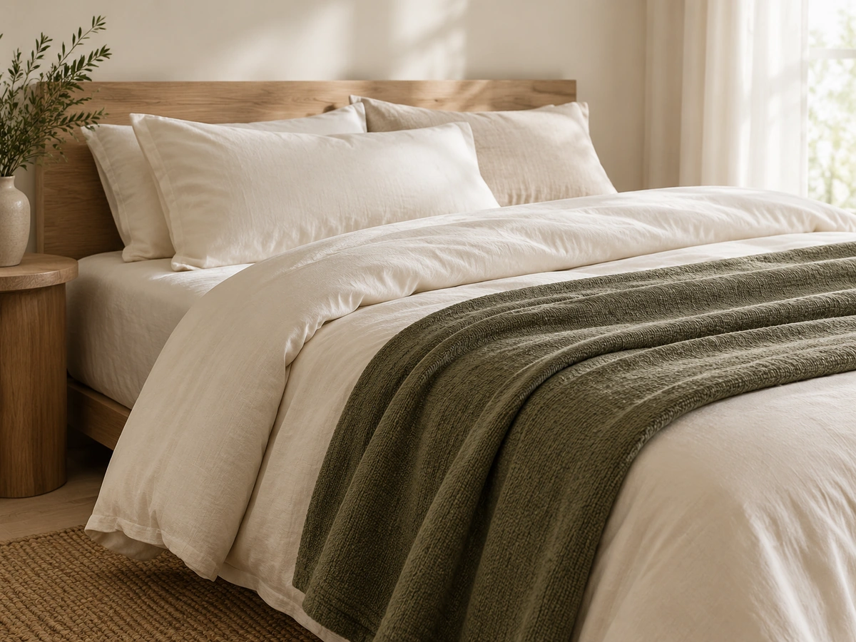 Soft pillows, a folded duvet and a textured blanket.