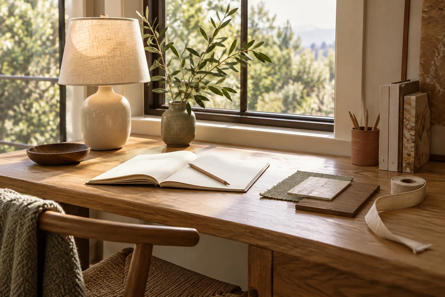 A sunlit desk with a lamp, notebook and material samples for planning home details.