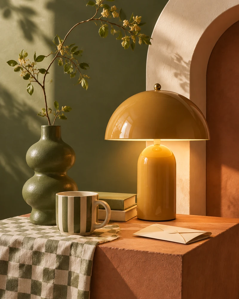 A golden lamp, an olive ceramic vase and a striped mug in a playful warm still life.