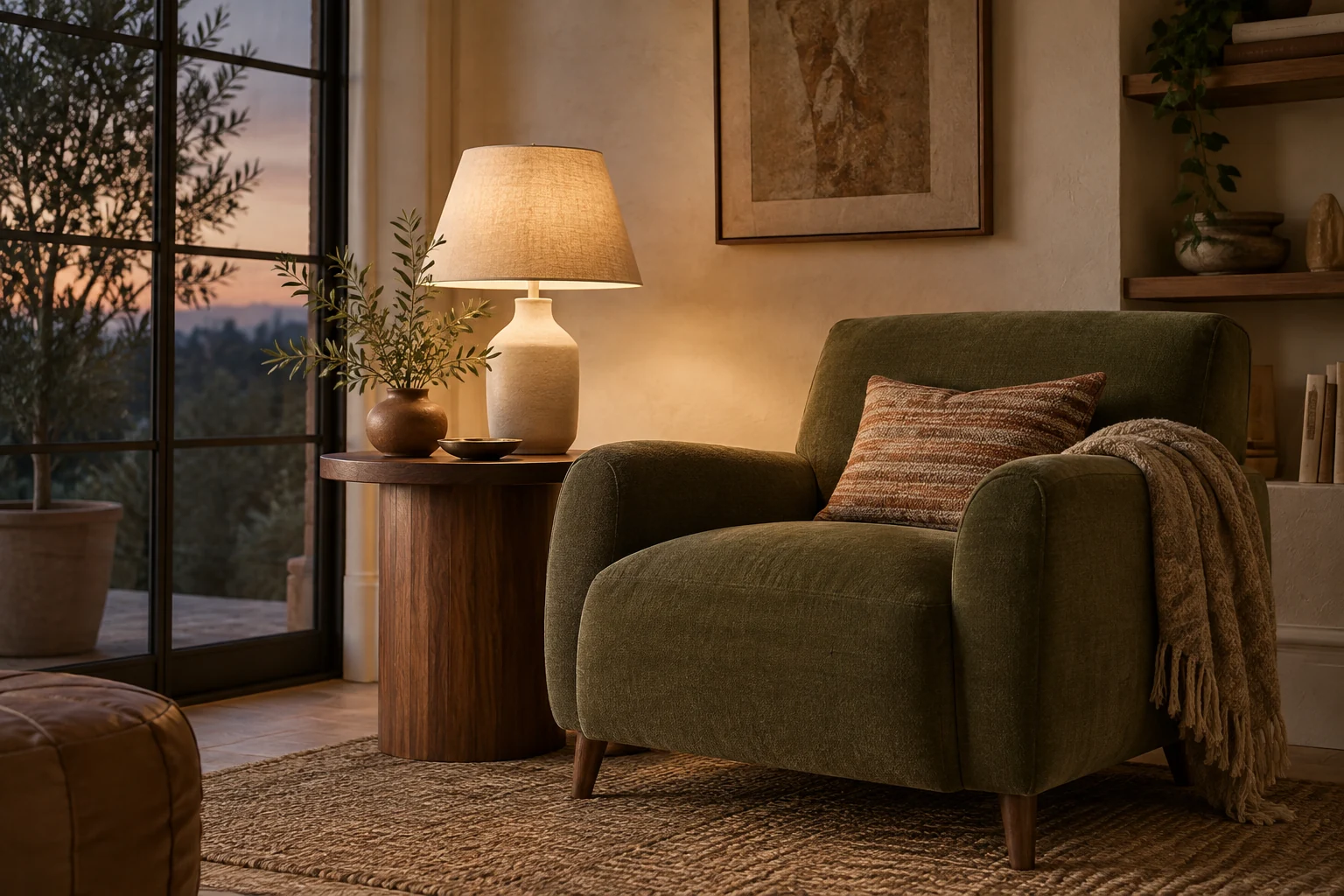 Room inspiration with a reading chair, side table and lamp.