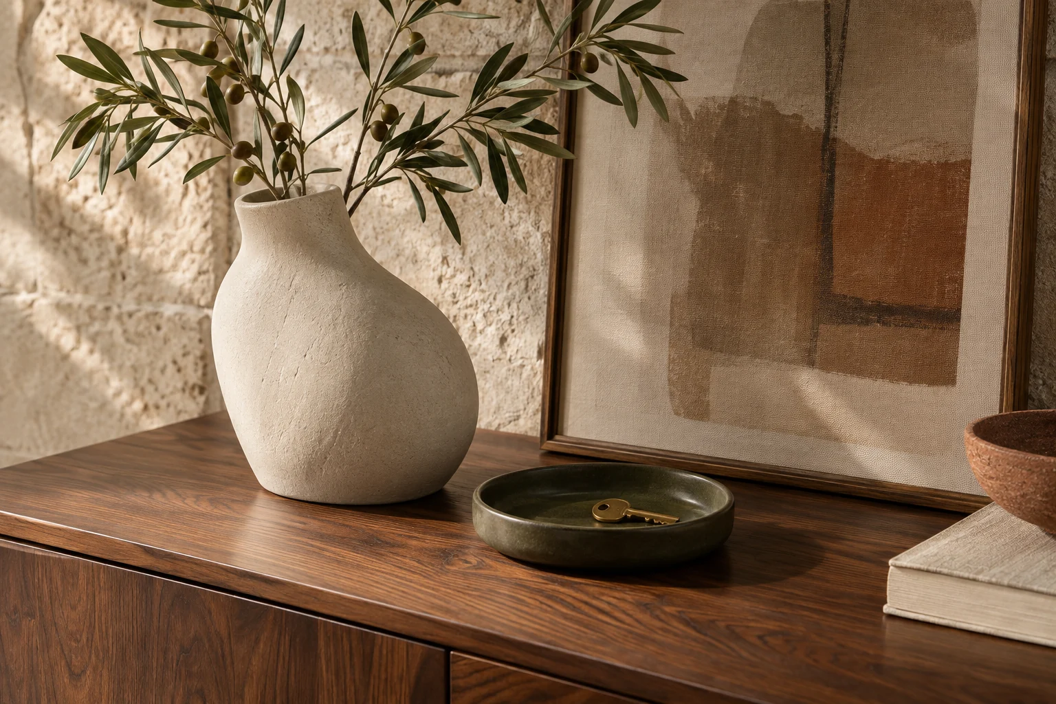 Ceramic accents and artwork on a walnut console.