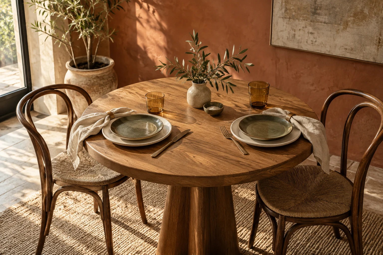 An oak dining table set with ceramics, amber glasses and linen.