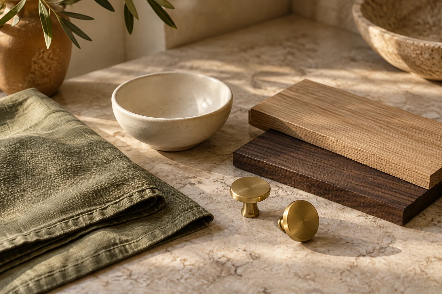 A close study of linen, wood, ceramic and brass textures.