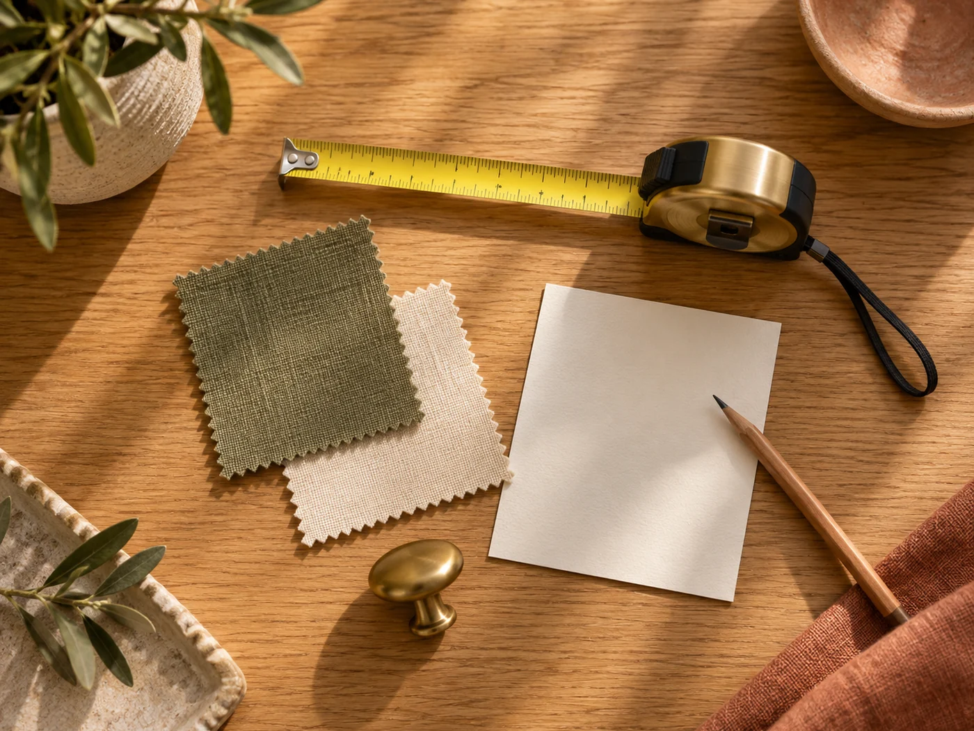 A tape measure, pencil, fabric swatches and hardware sample arranged for planning a room.