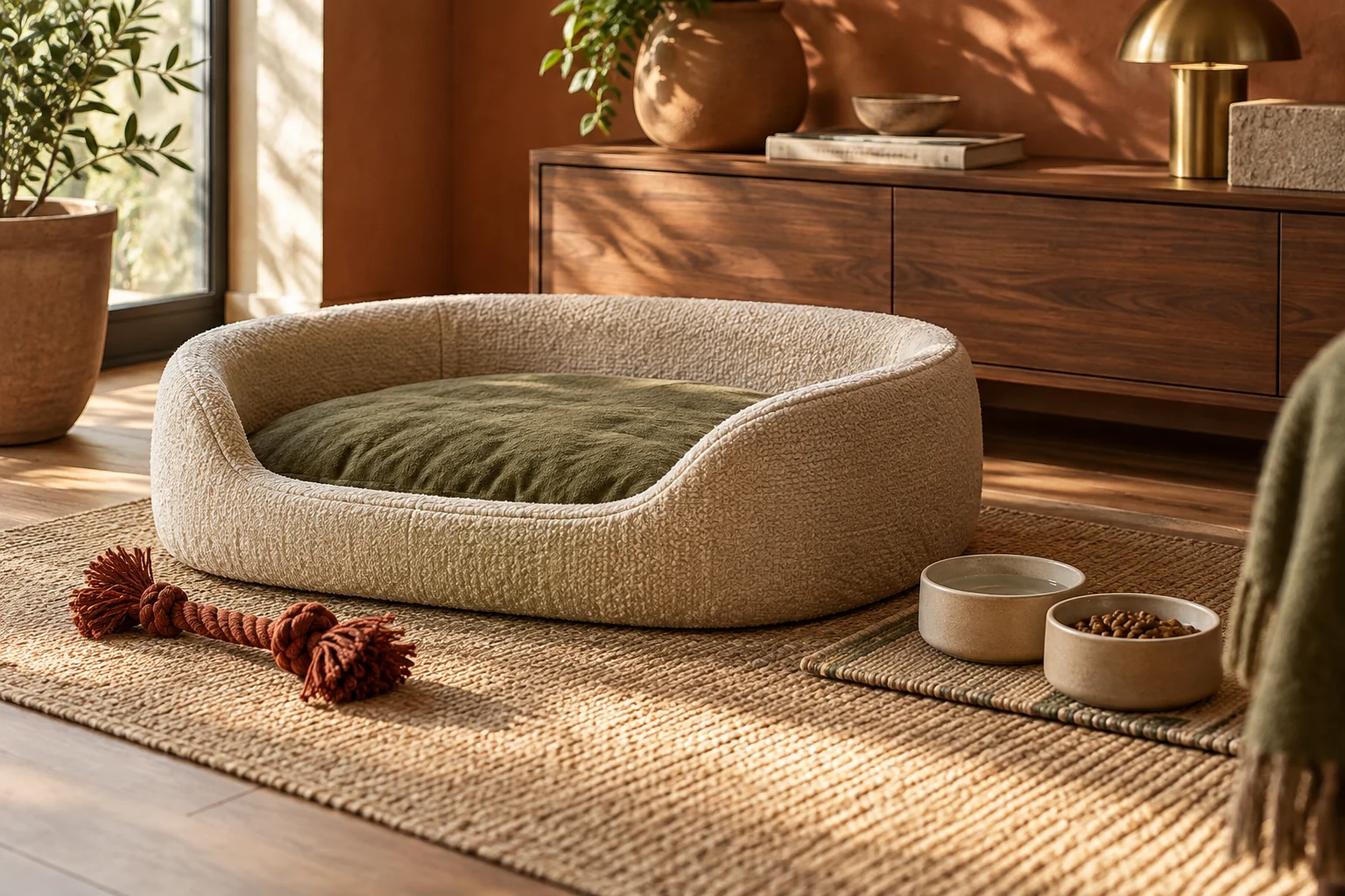 A cozy pet bed with ceramic bowls in a calm home corner.