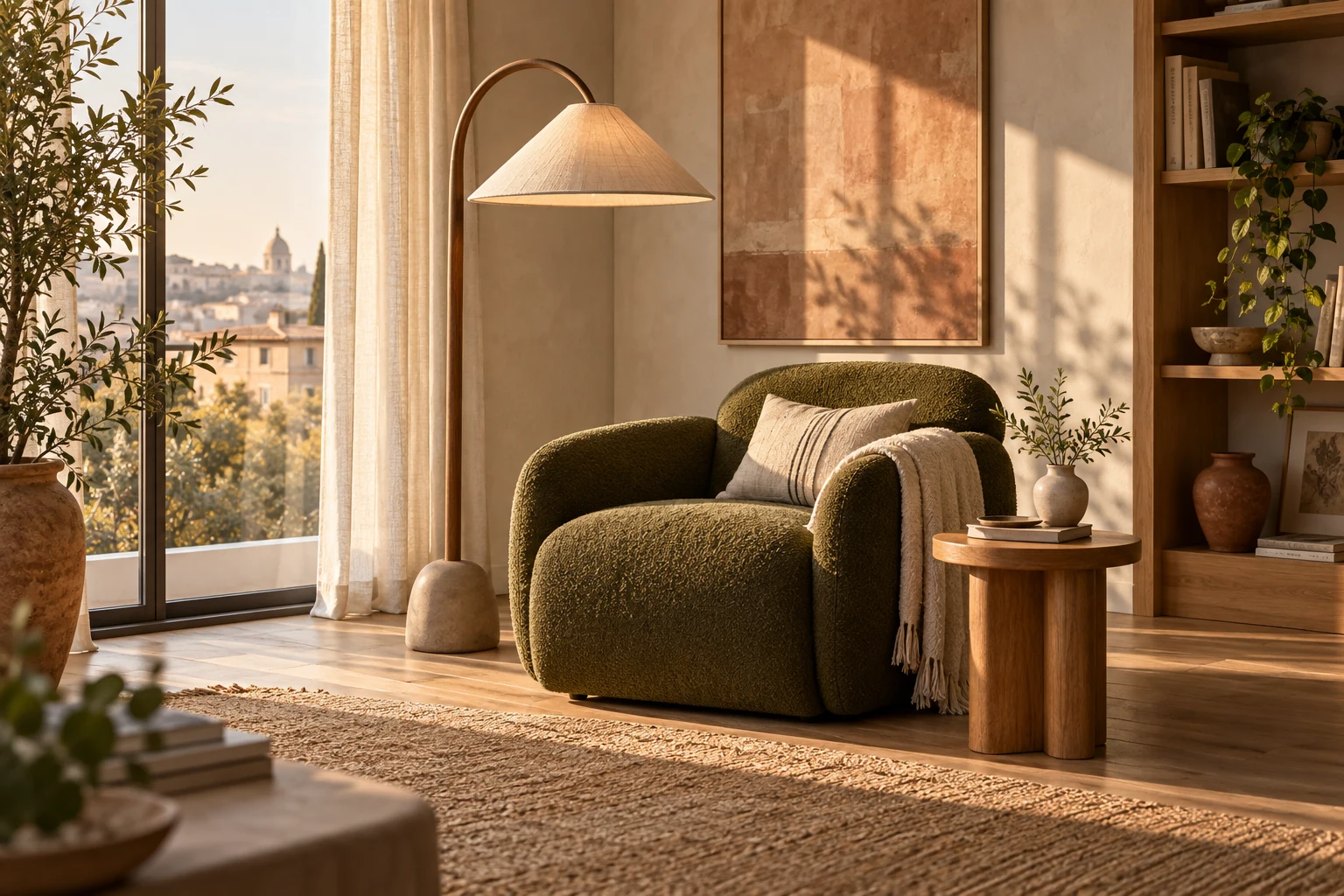 A warm reading corner combining sculptural lighting, an olive chair and an oak side table.