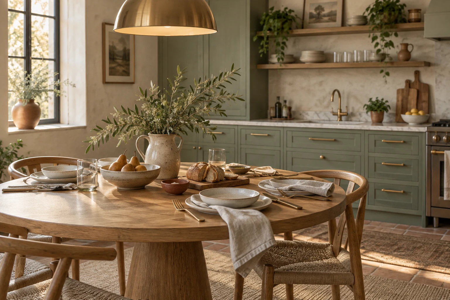 A warm kitchen and dining table arranged for everyday meals.