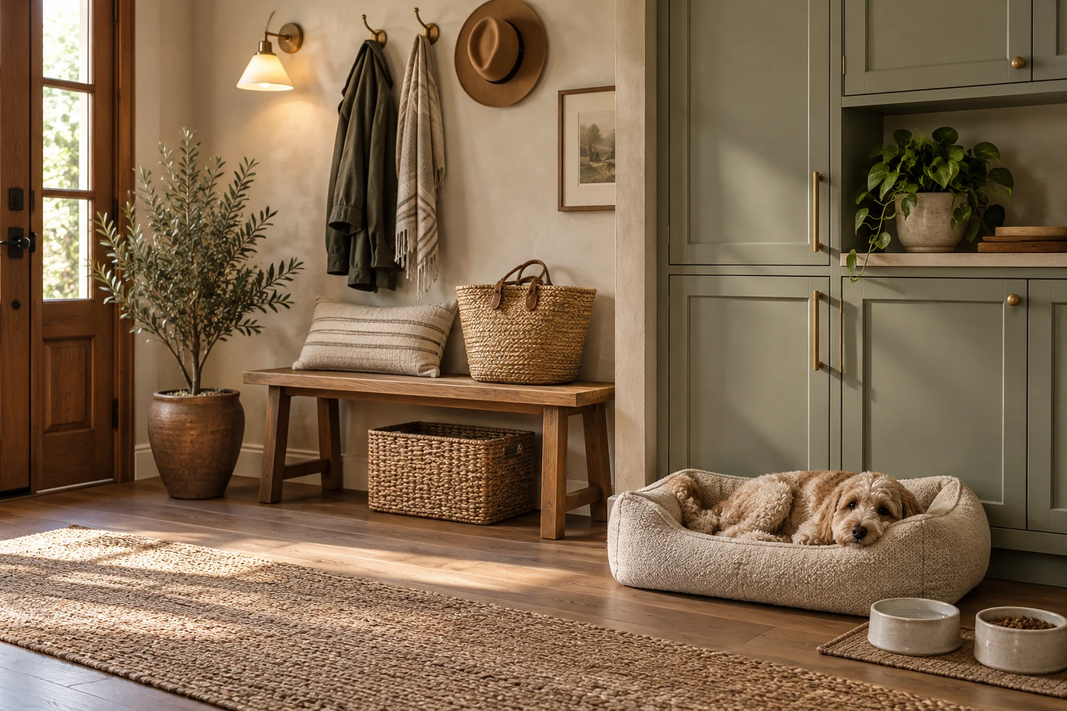 An entryway with cabinet hardware, storage and a pet bed for shared living.