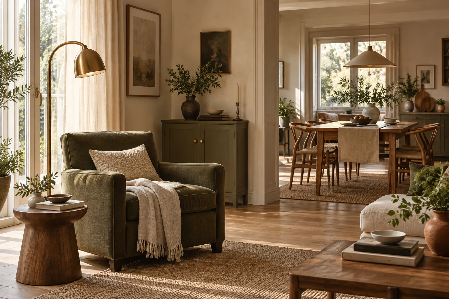 A sunlit living and dining space with an olive armchair, layered lighting, natural wood and ceramics.