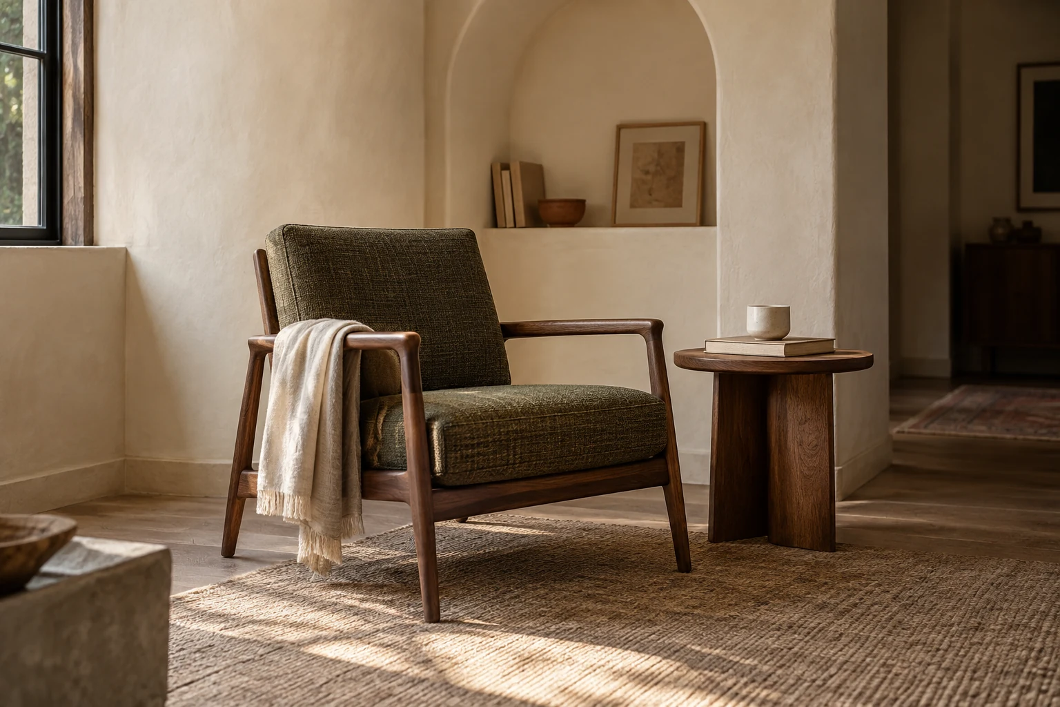 An olive lounge chair with brass light and walnut table in a sunlit room.