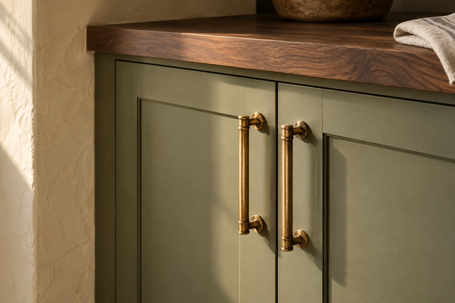 Brass cabinet pulls on olive green doors beneath a warm walnut shelf.
