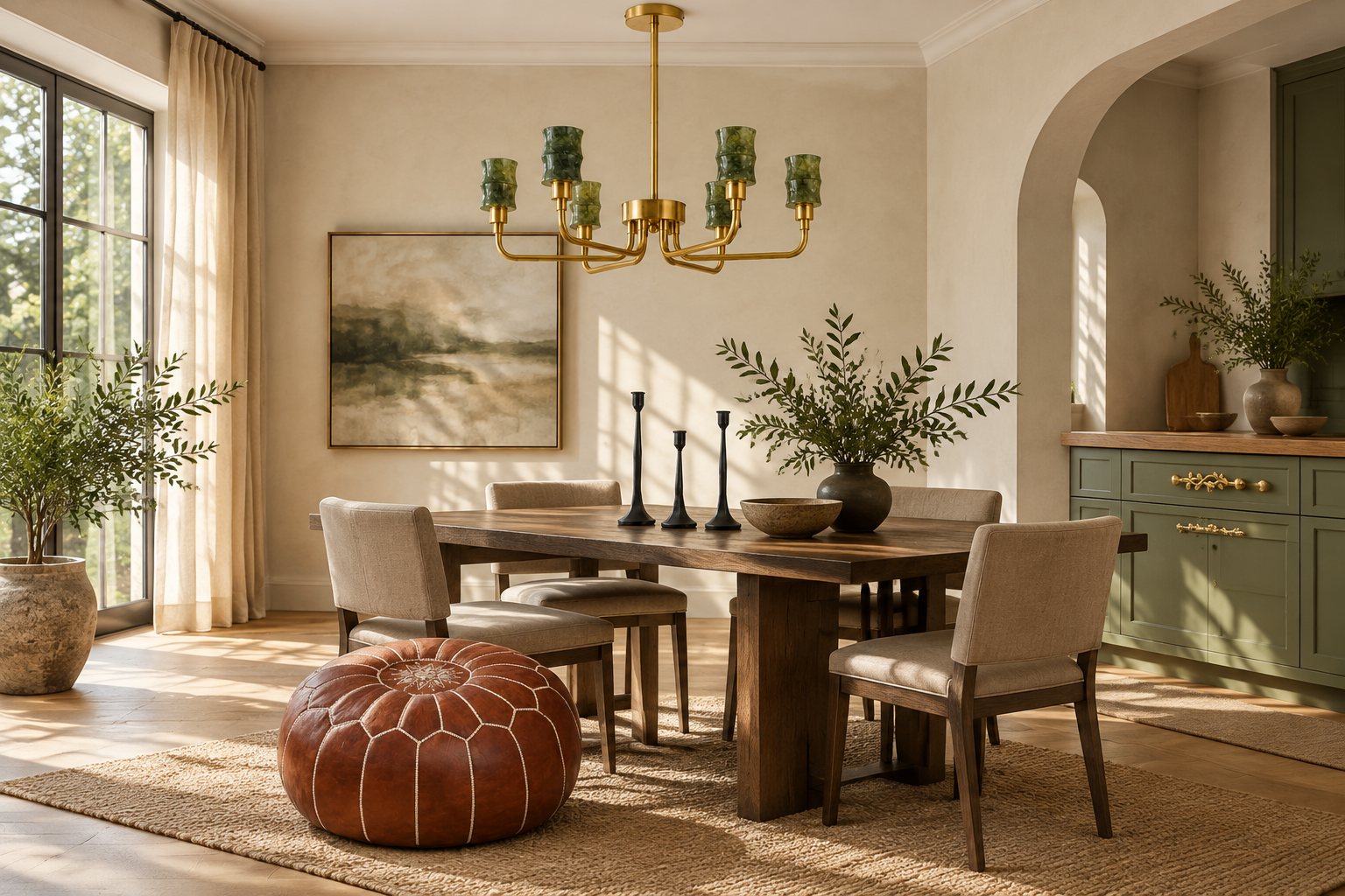 A sunlit dining room with a green-shade brass chandelier, leather pouf, black candlesticks and brass cabinet pulls.