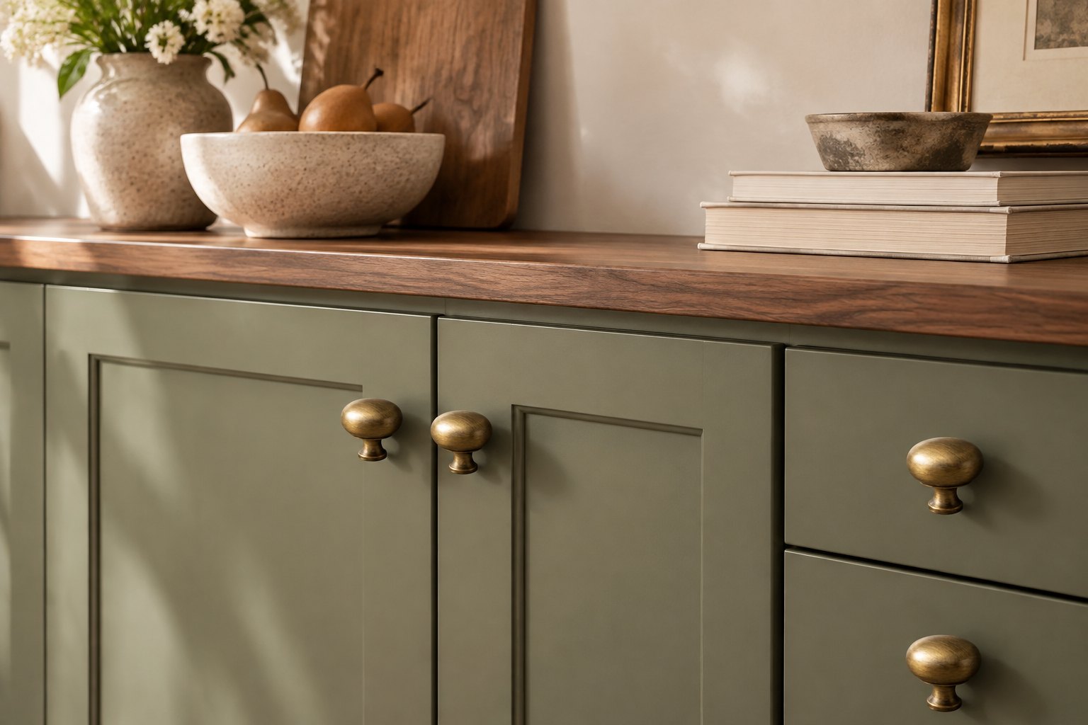 Antique brass mushroom knobs on olive cabinet doors.