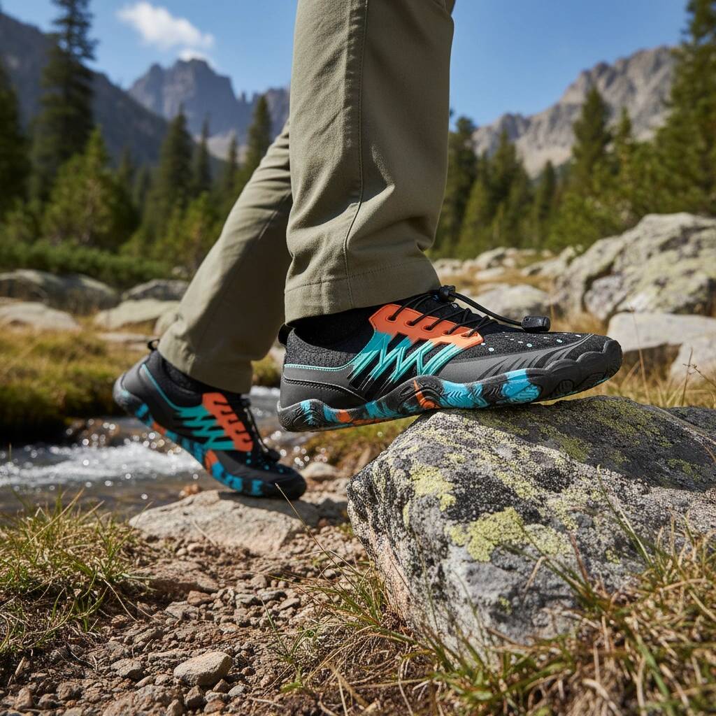 Black barefoot training shoes on rocks outdoors