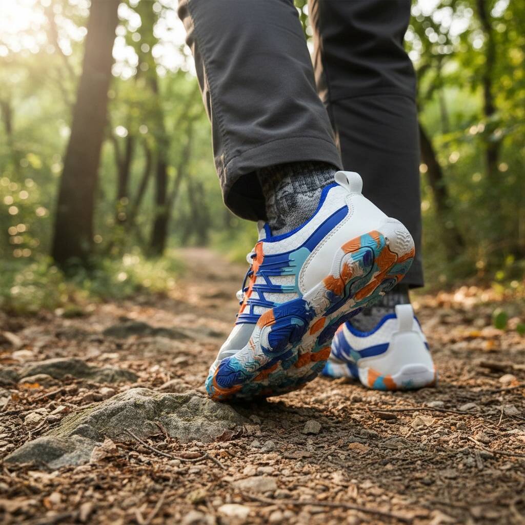 White and blue barefoot training shoe with visible outsole while outdoors