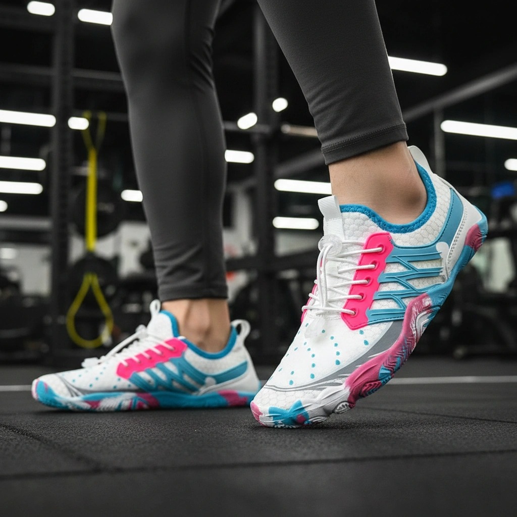 Pink barefoot training shoes in a gym setting