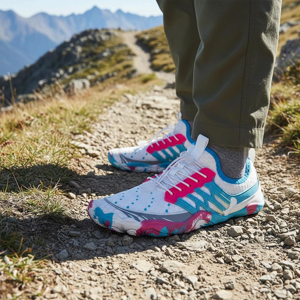 Pink barefoot training shoes on a light outdoor path